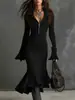 Moda Sexy Transfronteriza Europea y Americana Otoño e Invierno 2025 Nuevo Diseño de Solapa con Cremallera Mangas de Campana Vestido de Cola de Pez para Mujer