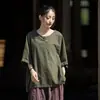 Top artístico y vintage de algodón y lino para mujer, nuevo suéter de verano estilo chino, inspirado en el Zen, color liso simple, con cuello abotonado, cuello redondo y mangas cortas