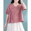 Conjunto de algodón y lino con descuento, que presenta una nueva camisa estilo chino con tapeta diagonal y botones de nudo chino tradicionales, combinada con shorts de cintura elástica - un conjunto casual de dos piezas para mujer