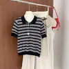 Camisa Polo Rayada Retro de Bloques de Color para Mujer, Manga Corta de Algodón Puro, Nuevo Estilo Suave Primavera/Verano, Camiseta de Punto con Cuello de Solapa