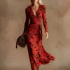 Vestido Transfronteiriço Novo Estilo com Decote em V e Mangas Longas com Elementos de Impressão Digital 3D, Saia Fashion e Personalizada para Marcar a Cintura Feminina