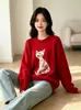 Nuevo suéter de punto redondo con jacquard de gato transfronterizo para mujer, diseño versátil y elegante para otoño e invierno, se puede usar como capa exterior, top de punto