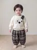 Conjunto Casual Infantil para Meninos Outono Bebê Menino Blusa de Pelúcia Cachorro Calça de Xadrez Estilo Lanterna Conjunto de Duas Peças Roupas Infantis