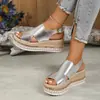 Sandalias de Cuña Nuevas de Verano 2025 Talla Grande con Hebilla de Boca de Pez para Mujer, Sandalias Brillantes para Mujer con Una Tira y Suela Gruesa