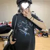 Camiseta de manga corta para mujer con estampado de dibujos animados retro americano, efecto desgastado y lavado, top casual versátil de estilo coreano, holgado para el verano