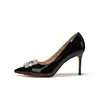9169B-230 zapatos elegantes de mujer con punta fina, hebilla cuadrada de pedrería, charol