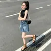 Falda Media de Mezclilla para Niñas Verano 2026 Nueva Casual Estilo Coreano Niños Medianos y Grandes Falda de Mezclilla Plisada en Ambos Lados Transfronterizo