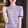 Suéter calado de hilo de algodón 100% a rayas para mujer, manga corta, nuevo primavera-verano 2024, sencillo, cuello redondo, manga media, camisa básica