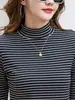 Nuevo Top Térmico de Manga Larga con Cuello Medio Alto Ajustado para Mujer, Camiseta de Manga Larga, Top para Madre, Capa Interior Gruesa y Cálida, Rayado, Temporada de Otoño e Invierno