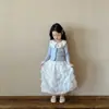 Conjunto de Dos Piezas para Niña Primavera y Otoño: Cárdigan Tejido con Adorno de Encaje Azul + Falda Larga de Encaje Blanco