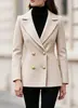 Jaqueta de Lã Pequena de Outono/Inverno Estilo Europeu com Botões Duplos e Cintura Marcada para Mulheres, Elegante Casaco Curto de Lã Slim