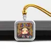 Pingente Quadrado Mini Thangka com Pontos Dourados, Cinco Budas, Deus da Riqueza Amarelo, Vida Passada e Presente, Colar com Pingente Thangka da Tara Verde