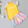 Traje de baño para niñas de manga corta con falda dividida estilo bóxer, talla grande para niñas, traje de baño para niños, protector solar, secado rápido para estudiantes y adolescentes