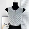 Rejilla de rombos encaje hueco con cuentas cardigan cuello falso vestido camisa estilo suave prenda exterior cuello delantero flor de cuello