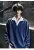 Sudadera con Capucha de Punto Gofrado con Solapa de Camisa de Dos Piezas Falsas de Textura Azul Klein para Hombre Manga Larga Holgada para Personas Perezosas para Superponer