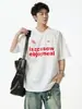 Camiseta Informal Versátil con Estampado de Moda Estilo Americano Cuello en V Rayas Letras Marca Streetwear Manga Corta