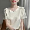 Primavera y Verano Nueva Moda Algodón Manga Corta Camiseta de Mujer Algodón Color Puro Cuello Redondo Tejido de Punto con la Misma Manga Corta