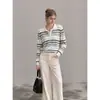 Estilo Intelectual Refrescante de Início de Outono Listras Coloridas Gola Polo Casual Suéter de Tricô Solto para o Trabalho Roupa Feminina 25811