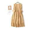 Vestido de Lino de Verano 2025 con Cuello Redondo, Manga Tres Cuartos, Cinturón de Lazo y Dobladillo Acampanado, Corte Holgado para Commuters a la Moda