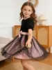 Vestido de Princesa de Malla con Mangas Abullonadas de Doble Capa Corazón de Melocotón para Niñas Vestido Dulce de Verano con Contraste Rosa y Negro y Lazo
