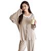 2025 Nuevo Encaje Lazo Redondo Almohadilla de Pecho Cárdigan Casual Manga Larga Pijama para Mujer Color Sólido Ropa para el Hogar Conjunto de Dos Piezas Primavera y Otoño