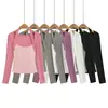 CL26182-26 Otoño estilo coreano corte ajustado cuello en U deseo puro imitación dos piezas diseño de bloques de color cuello halter manga larga jersey camiseta