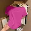 Camiseta Feminina Verão 2026 Slim-Fit Canelada Gola Quadrada Manga Curta com Efeito Drapeado, Tamanho Grande, Top Liso