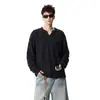 Camiseta masculina de manga longa, rasgada, vintage e com corte relaxado, novo estilo outono/inverno, casual e versátil, moda retrô high-street, gola careca