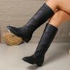 Botas Femininas da Moda Tricotadas de Salto Baixo Acima do Joelho 2025 Novas Europeias e Americanas de Bico Quadrado Slip-On Salto Grosso Botas da Moda Botas Femininas