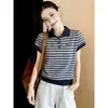 Camiseta de Nuevo Estilo Veraniego 2026 Estilo Commuter para Mujer con Rayas en Contraste, Cuello Polo, Suéter Holgado de Manga Corta