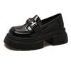 Zapatos de cuero estilo británico de suela gruesa para mujer, nuevos mocasines casuales sin cordones con punta redonda y tacón grueso de otoño 2023