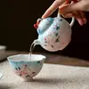 Juego de Té de Viaje Miyan con Conejo Lindo y Flores de Cerezo Pintadas a Mano, Juego de Té Kung Fu Apilable para una Persona, Regalo de Alta Gama