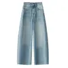 Calça Feminina Cropped com Barra Curva 2026 Primavera/Outono Jeans Fino de Cintura Alta Reta Solta para Mulheres Baixas