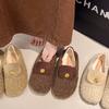 Sapatos Peludos Femininos Tudo Incluído 101,25kg, Sapatos de Algodão e Veludo Estilo Francês Novo para Uso Externo Slip-On, Versátil Outono e Inverno
