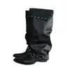 Superficie de Cuero Chica Picante Remache Punta Puntiaguda Bota Larga Caña Mujer Retro Hebilla de Cuero Tacón Grueso Botas de Caballero Negras Botas Fruncidas Mujer