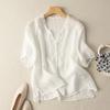 Camiseta de algodón y lino bordada con cuello en V y manga corta para mujer, top de verano fino con volantes y orejas de madera, camisa holgada y transpirable de talla grande