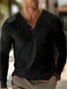 2025 Exportación Transfronteriza de Amazon Camiseta de Algodón y Lino de Manga Larga con Cuello en V para Hombre Otoño Casual Camisa Polo
