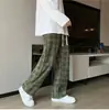 Calça xadrez masculina para primavera/outono, comprimento 9/10, estilo japonês moderno, perna reta, casual britânico, solta, calça de veludo cotelê vintage