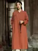 Vestido Largo de Estilo Chino Original para Mujer, Otoño, Lino, Retro, Cuello Diagonal, Cuello Alto, Botones, Cheongsam Mejorado