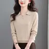 2026 Primavera/Outono Novo Estilo Gola Polo Malha Camada Base Lapela Meia-idade Manga Longa Versátil Redutor de Idade Emagrecedor Top para Mulheres