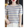 Tops de Manga Curta para Mulheres Verão 2023 Gola Redonda Vazado Soltos Emagrecedores Tricô Listrado Arco-Íris Camiseta Casual Japonês Coreano