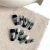 Uñas Postizas Negras y Blancas Estilo Chino Tinta y Lavado, Uñas Postizas de Presión Gradiente Estilo Francés, Piezas de Uñas Retro Estilo Chino Nuevo, Arte de Uñas Removible