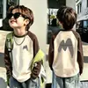 Ropa Interior de Felpa para Niños Cuello Redondo Otoño Invierno Estilo Nuevo Mediana y Grande Ropa Interior Infantil Patchwork Manga Larga Cálida Camiseta Top Cepillado