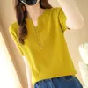 Camiseta de Punto Fina de Manga Corta Holgada con Cuello en V para Mujer 2024 Versátil Ajuste Delgado Top de Botones Moda de Verano para Mujer Top de Manga Corta