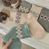Meias de Lã Outono e Inverno para Mulheres, Engrossadas, Quentes, Punho Dobrado Canelado, Xadrez Losango Sal Marinho Flor Pequena, Meias de Cano Médio, Meias Largas Estilo Japonês para Mulheres