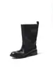 Botas Femininas de Couro Bovino Lavado de Primeira Camada para Panturrilha Larga, Novas Outono e Inverno em Couro Genuíno, Bico Redondo, Salto Médio, Slip-On, Botas Femininas de Cano Médio Tamanho 40