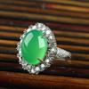 Anel de ouro antigo de calcedônia verde natural anel feminino luxuoso incrustado de luxo em pó de calcedônia azul anel feminino incrustado de jade