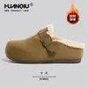 Sapatos Birkenstock Universais Retrô de Solado Grosso para Mulheres 2025 Inverno Novo Estilo Sapatos de Algodão Acolchoados com Forro de Lã Pantufas Peludas de Uma Perna
