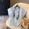 Cachecol de seda pendurado no pescoço camiseta de malha de manga curta feminina 2026 moda novo estilo sensação de verão crop top mangas bufantes pequenas top lindo branco