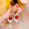 Pendientes de Borla con Forma de Gota de Agua y Pétalo Completamente Incrustados en Diamantes, Estilo Moda de la Industria Pesada Europea y Americana, Pendientes Calientes Festivos Otoño e Invierno Rojo Ankora